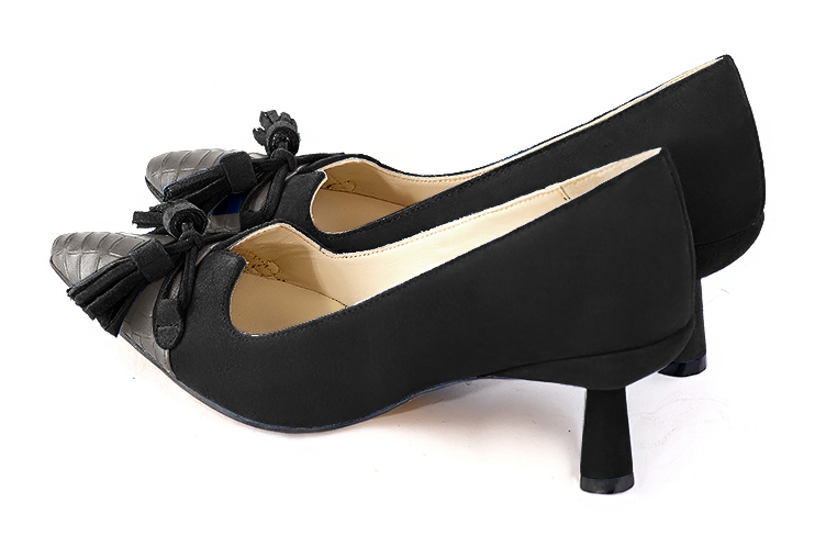 Ash grey and matt black women's dress pumps, with a knot on the front. Tapered toe. Medium spool heels. Rear view - Florence KOOIJMAN
